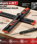 All In One 4 In 1 Drilling Positioning Scribing Ruler For DIY Pros with Adjustable T Square and Carpenter Pencil on wooden surface