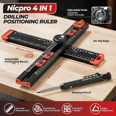 All In One 4 In 1 Drilling Positioning Scribing Ruler For DIY Pros with Adjustable T Square and Carpenter Pencil on wooden surface