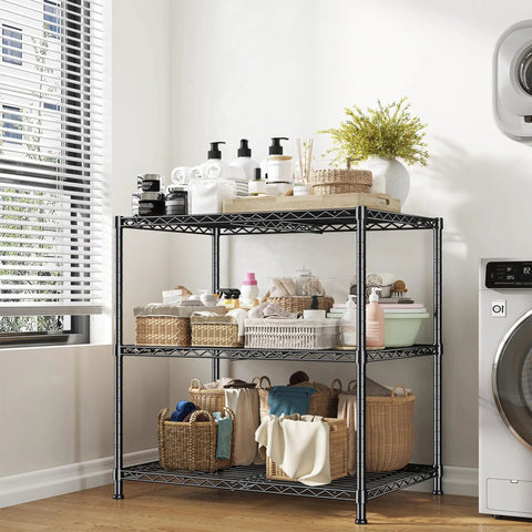 Beefy 3 Tier Adjustable Heavy Duty Metal Shelving Unit With Wire Storage Rack For Garage Pantry Or Workshop Sturdy Steel Shelves That Max Out Your Space Easy Assembly Flexible Tier Heights, 3-tier black steel rack in laundry room