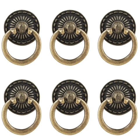 Legit Vintage Bronze Drop Ring Cabinet Knobs With Mounting Screws Solid Zinc Alloy Furniture Drawer Pulls For Dresser And Cupboards Smooth Glide No Fuss Heavy Duty Hardware Six Piece Set, close-up view of six knobs.
