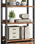 Badass Heavy Duty Five Tier Bookshelf With Deep Storage Drawers, Tall Industrial Wood Metal Display Rack, Rustic Brown Finish with decorative items.