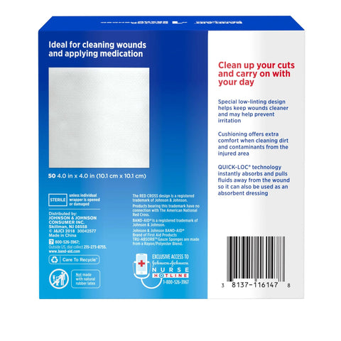 Front view of BAND-AID Brand Tru-Absorb sterile gauze sponges packaging, 4 x 4 inches, individually wrapped.