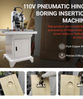 110V pneumatic hinge boring insertion machine on white stand drilling holes in wood boards; three closeup views