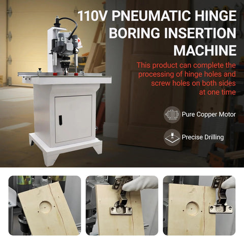 110V pneumatic hinge boring insertion machine on white stand drilling holes in wood boards; three closeup views