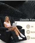 Woman sitting on 360 Degree Rotating Recliner With Massage And Heat Built In Cup Holder Manual Tilt Plush Fabric Black chair