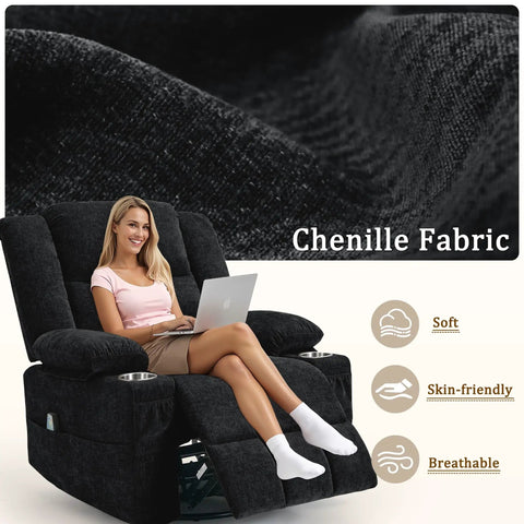 Woman sitting on 360 Degree Rotating Recliner With Massage And Heat Built In Cup Holder Manual Tilt Plush Fabric Black chair