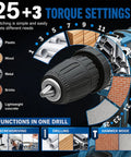 Tough As Nails 21v Cordless Drill Driver Kit With Two Batteries And Five Cleaning Brushes Fifty Nm Torque showing torque settings for various materials.