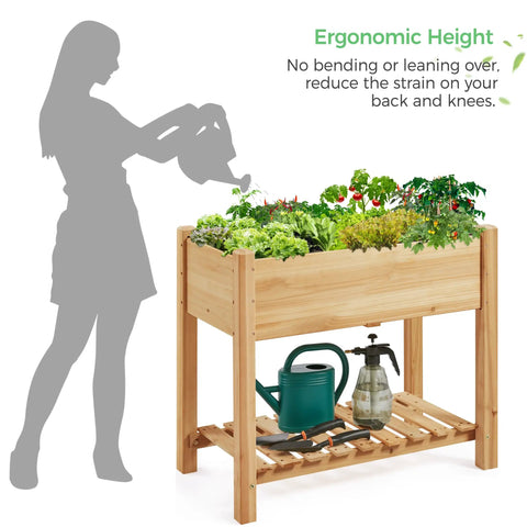 Raised Garden Bed Planter With Legs And Storage Shelf Wooden Elevated Plant Bed For Vegetables And Flowers Backyard Ready For Patio Or Balcony 34 By 18 By 30 Inches Light Brown with gardening tools and plants visible
