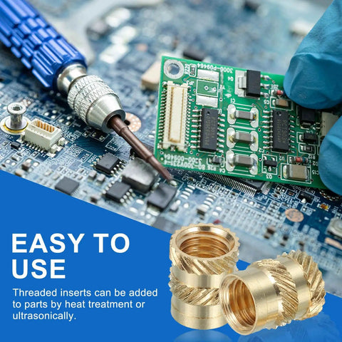 Close-up of 46 Pcs M4 Brass Heat Set Inserts For 3D Printing And Plastic, Female Knurled Threaded Inserts For Laptops And Electronics, M4x5.5x4Mm next to electronic components.