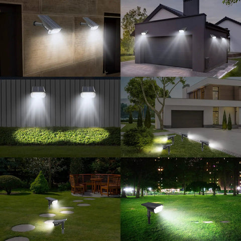 Solar Spotlight Outdoor 1000 Lumens 64 LEDs IP67 Waterproof Landscape Lighting With Four Modes illuminating houses and gardens