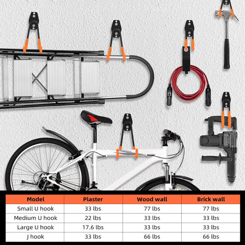 Four Pack Large Square Garage Wall Hooks 7.7 Inch Heavy Duty Hangers holding ladder, bike, and tools on a wall