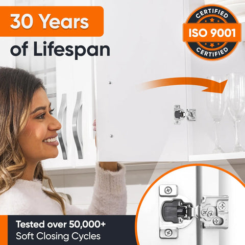 Woman using Soft Close Cabinet Hinges 6 Pack For One-Half Inch Overlay Face Frame Cabinets Stainless Steel Self-Closing Concealed Hinges With Quiet Dampers, Three-Way Adjustable, Easy Install For Kitchen Cabinets And Vanities shown in close-up display.