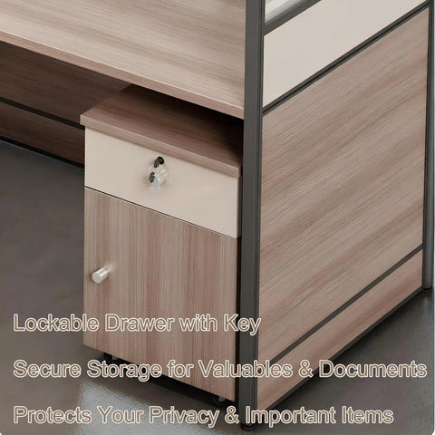 Boss Tier Modular Office Cubicle Workstation Desk Featuring Tempered Glass Privacy Panels And No Stress Usb Charging Hub Plus Lockable Rolling Storage Cabinet With Sleek Cable Management For Seamless Team Collaboration close-up of lockable drawer with key for secure storage.