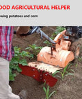 Rear Tine Tiller Furrower Kit with Three Adapter Types in use for growing potatoes and corn, showing adjustable plow wings in garden.