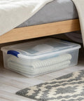Heavy Duty 32 Quart Medium Clear Plastic Latching Storage Bin With Snap Tight Locking Lid Spill Resistant Container under bed holding blankets.