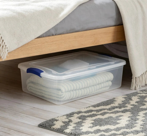 Heavy Duty 32 Quart Medium Clear Plastic Latching Storage Bin With Snap Tight Locking Lid Spill Resistant Container under bed holding blankets.