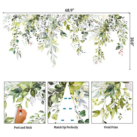Green Plants Wall Decals Peel And Stick Large Floral Leaves for Bedroom Living Room Office Classroom Removable Vine Home Decor Art easy application illustration