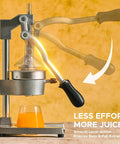 Manual Citrus Juicer Heavy Duty Cast Iron Press With Removable Strainer For Oranges Lemons Grapefruit And Pomegranate Commercial Grade Hand Press For Home Bar Use Gray, side view with lever action
