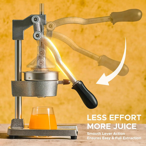 Manual Citrus Juicer Heavy Duty Cast Iron Press With Removable Strainer For Oranges Lemons Grapefruit And Pomegranate Commercial Grade Hand Press For Home Bar Use Gray, side view with lever action