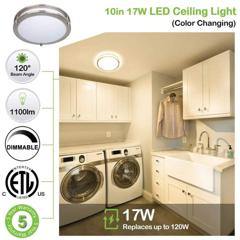 Laundry room with 10 Inch Flush Mount LED Ceiling Light Fixture, 17W 1100 lm, Adjustable Color Temperature 2700K to 5000K
