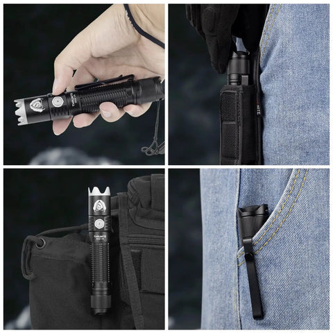 Grab-And-Go Pocket Size USB Rechargeable LED Flashlight With Turbo Mode in hand, pocket, and attached to a bag