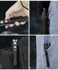 BSS V6 Tactical Flashlight 2000 Lumens USB C Rechargeable LED in hand, holstered, and in jeans pocket for EDC use.