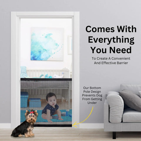 Retractable Mesh Dog Gate For The House No Drilling Portable Folding Baby Gate Install Anywhere With 3 Poles And 8 Hooks To Block Pets From Underneath 30 Inch High 39 Inch Wide shown in doorway with child and dog.