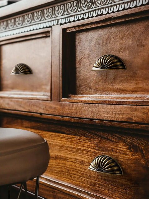 Antique Brass Cup Pulls 3 Inch Center 10 Pack Vintage Drawer Pulls For Kitchen Cabinets Bathroom Vanities And Dressers Durable Zinc Alloy Hardware Classic Cabinet Handles And Knobs With Retro Vibe And Timeless Look installed on wooden dresser drawers.
