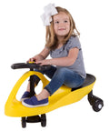 Twist And Go Wiggle Ride On Car For Kids Three Plus zero cords motor skill boosting ride with a young girl in a yellow toy.