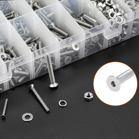 1500 Piece Hella Durable Metric Socket Cap Screw Hardware Kit 304 Stainless Steel Countersunk Head Bolts with hex nuts and washers.