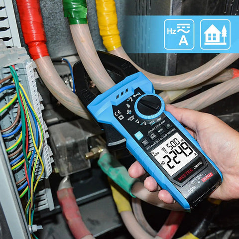 Person using Pro Grade Inrush Clamp Meter Multimeter 1000A True RMS 6000 Counts AC DC Current And Voltage Tester in electrical panel.