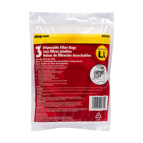Heavy Duty Disposable Vacuum Filter Bags For 4 Gallon Tanks, Easy Snap In And Seal, 3 Pack shown in clear packaging