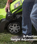 Detail of 48V Two-Battery Cordless 17-Inch Push Lawn Mower handle showing 6-position height adjustment on grass.