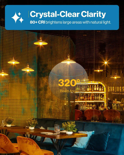 Restaurant setting illuminated by Sixteen Pack Dimmable Vintage Edison Led Bulbs With Cozy Soft White Two Thousand Seven Hundred Kelvin Glow Equivalent To Sixty Watts Using Just Eight Point Five Watts Delivering Eight Hundred Lumens Waterproof Clear Glass E Twenty Six Base.