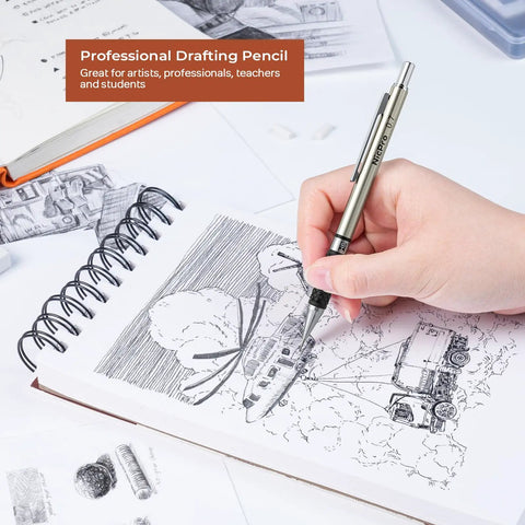 0.7mm Art Mechanical Pencil Set With Storage Case sketching on notebook with professional drafting pencil in hand