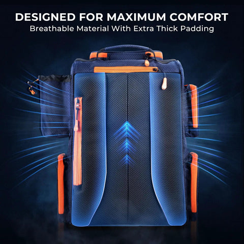 Back view of All In One Tackle Backpack With Rod Holders And Four Tackle Boxes Plus Rain Cover, breathable padded design