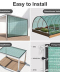 Beefed Up 35 To 45 Percent Sun Shade Cloth 10 By 20 Feet Green HDPE Mesh for plants, shown in greenhouse and patio installations.