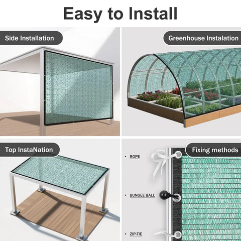 Beefed Up 35 To 45 Percent Sun Shade Cloth 10 By 20 Feet Green HDPE Mesh for plants, shown in greenhouse and patio installations.