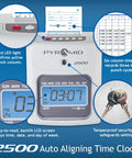 Heavy Duty Small Business Time Clock Bundle With Ivory Shell And Auto Aligning Tech For Dead Simple Crew Attendance Tracking And Payroll Ready Six Column Cards on display showing LCD screen, time card, and security features.