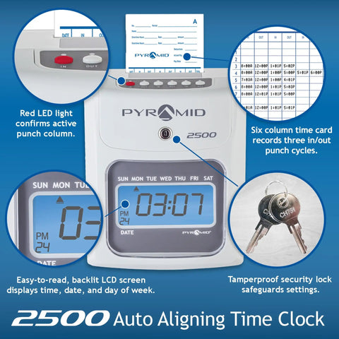Heavy Duty Small Business Time Clock Bundle With Ivory Shell And Auto Aligning Tech For Dead Simple Crew Attendance Tracking And Payroll Ready Six Column Cards on display showing LCD screen, time card, and security features.