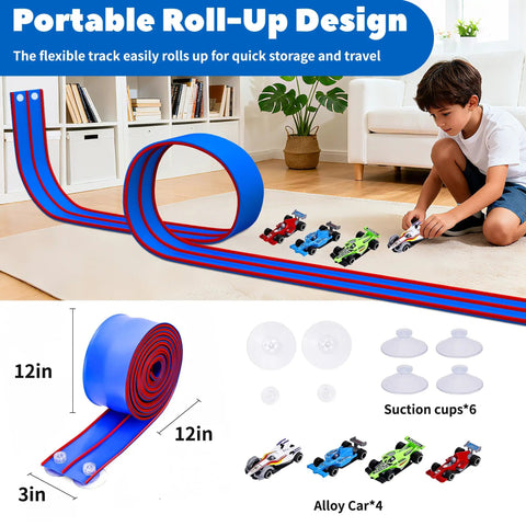 Child playing with 15 Ft Bendable Race Car Track Set For Kids Roll Up Layout With Strong Suction Cups Compatible With One Sixty Fourth Diecast Cars