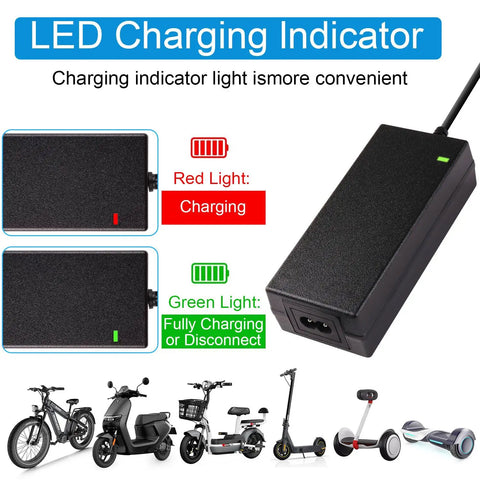 Universal 42V 2A Fast Charger With Six Plugs For 36V Li Ion Batteries showing LED charging indicator and compatible devices