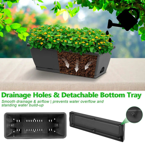 Get Your Garden Game On Point With This Set Of Two Deck Railing Planter Boxes That Clip Over Fence Rails Packed With Six Tough Plastic Flower Pots To Make Growing Herbs Veggies Or Blooms An Absolute Breeze For Chill Weekends And Easy Peasy Garden Vibes. Image of a planter box with flowers showing drainage holes and detachable bottom tray.