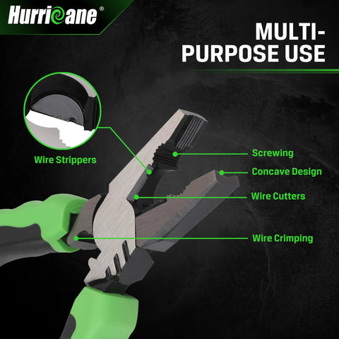 Six Inch Pro Grade Screw Extractor Pliers with non-slip jaws and linesman grip, showing wire cutter, stripper, and crimper features.