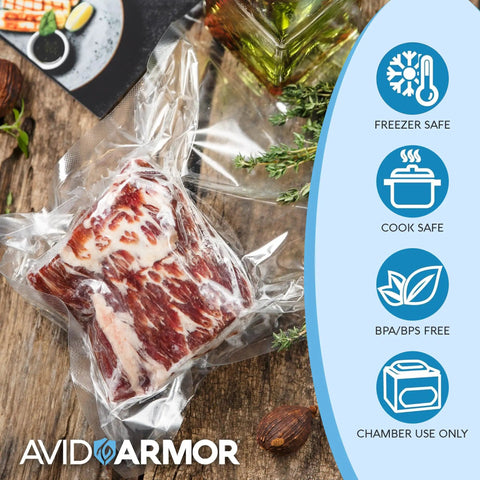 Chamber Vacuum Sealer Pouches Set Pro Grade 3.5 Mil Heavy Duty BPA Free Bags with meat inside, freezer and cook safe icons.