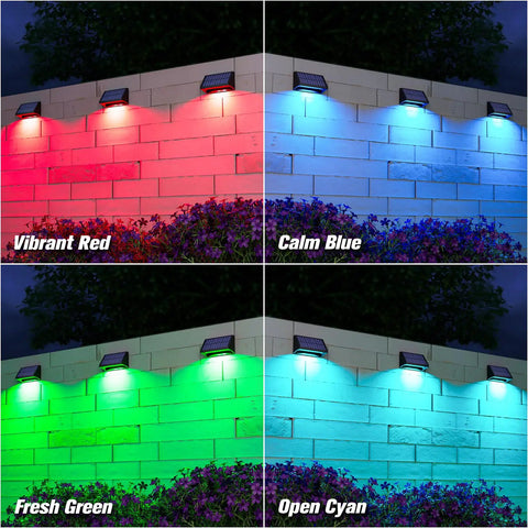 Solar Fence Post Lights 6 Pack With 8 Color Options illuminating a wall with red, blue, green, and cyan LED lights, waterproof design.
