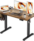 Electric Standing Desk With Memory Presets 48 By 24 Inches Adjustable Sit Stand Computer Desk, black frame, rustic brown top.