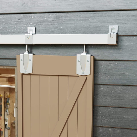 16 Foot Box Rail Exterior Barn Door Hardware Kit for Two Doors System, Heavy Duty Sliding Track Kit Wall Mount, installed view