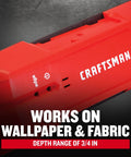 Three Quarters Inch Depth Stud Finder For Wood And Metal Studs, red body with labels showing functionality works on wallpaper and fabric.