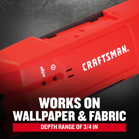 Three Quarters Inch Depth Stud Finder For Wood And Metal Studs, red body with labels showing functionality works on wallpaper and fabric.